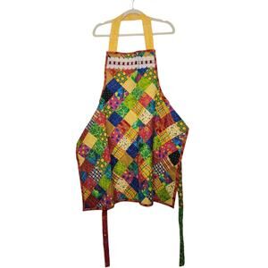 Vintage Handmade Patch Quilt Lace Apron Reversible Double Sided 90s Art